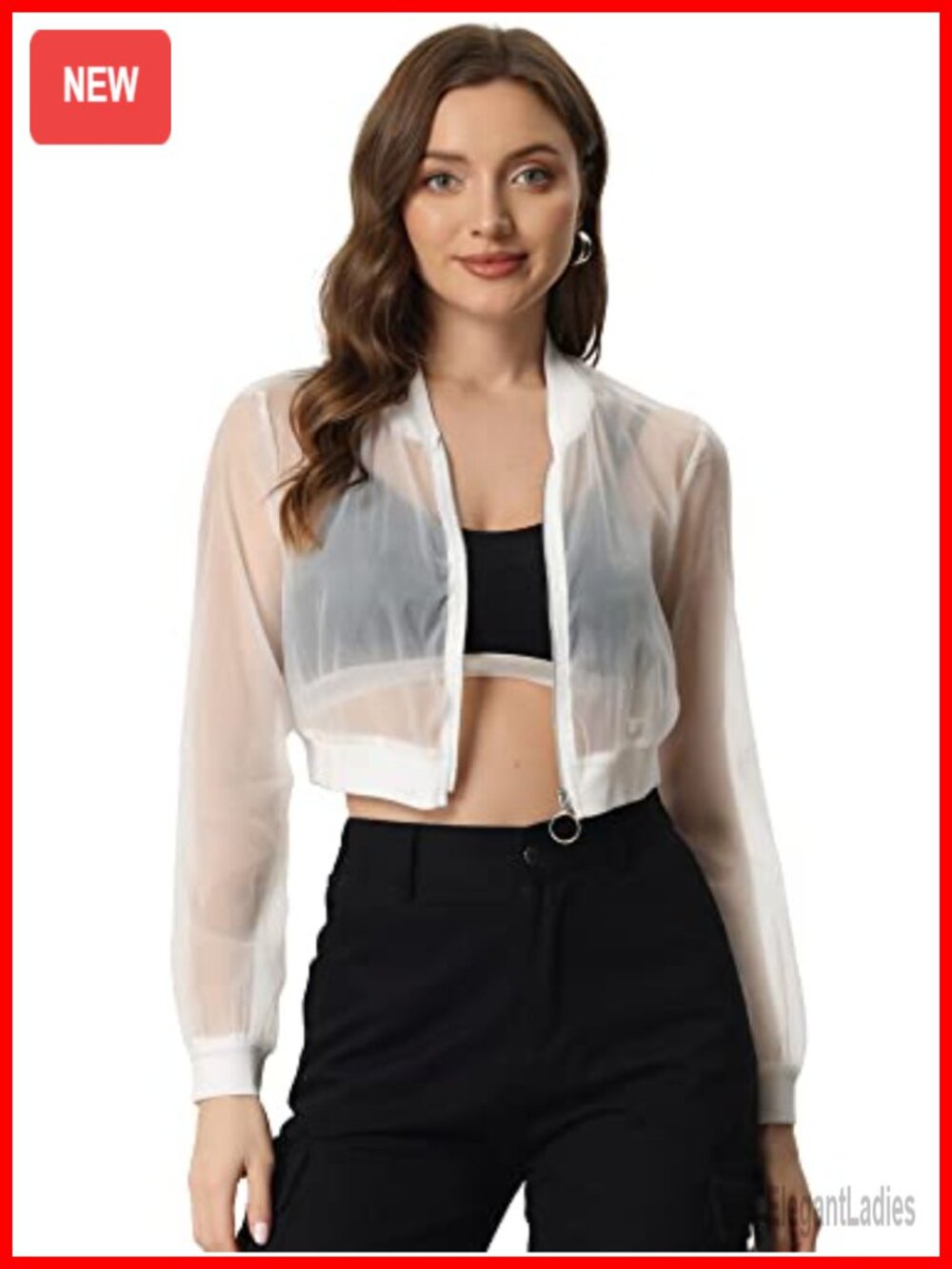 Allegra K Mesh Crop Jacket Lightweight Sheer Bomber